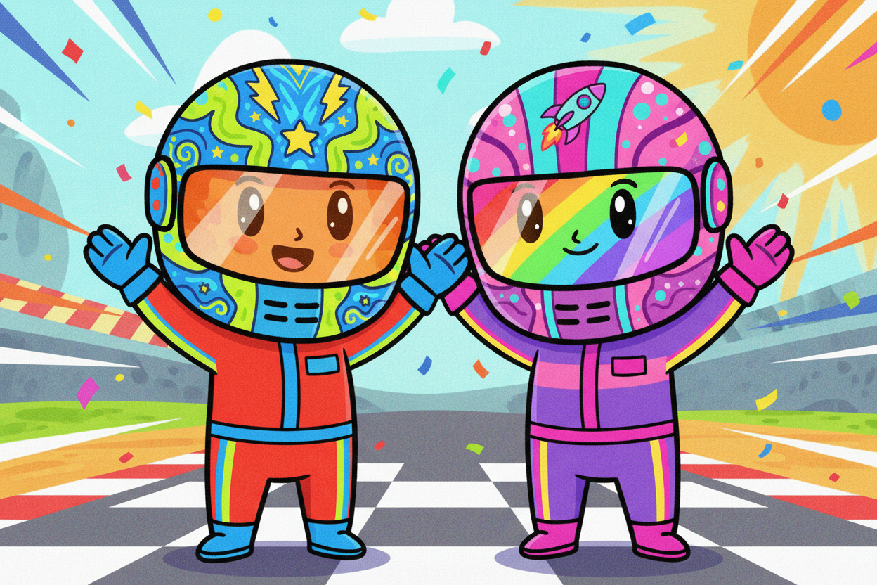 2 cartoon people with race car driver helmets on