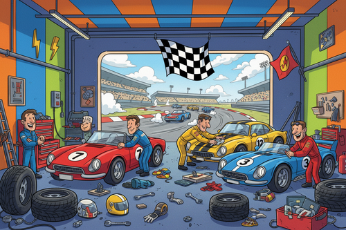 cartoon car garage at a track day