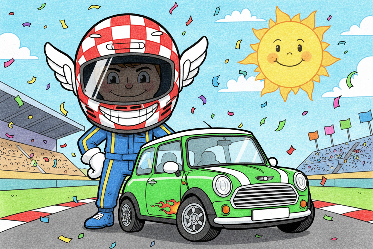 cartoon person in race car driver helmet stood infront of a cartoon mini cooper s